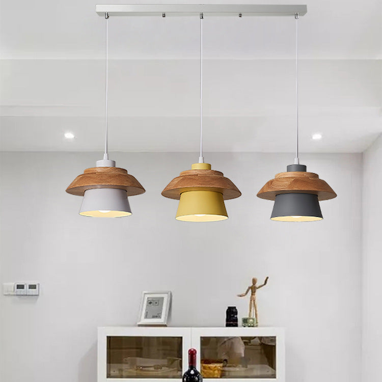 Moderne minimalistische Macaron Disc Runde Holz Eisen 1-Licht Pendelleuchte für Wohnzimmer