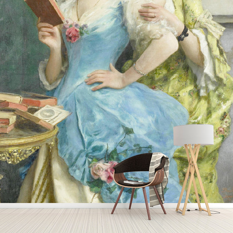 Frendorf | Blaue und gelbe Mid-Century Wandtapete maßgeschneiderte Damen Wanddekoration für den Kamin