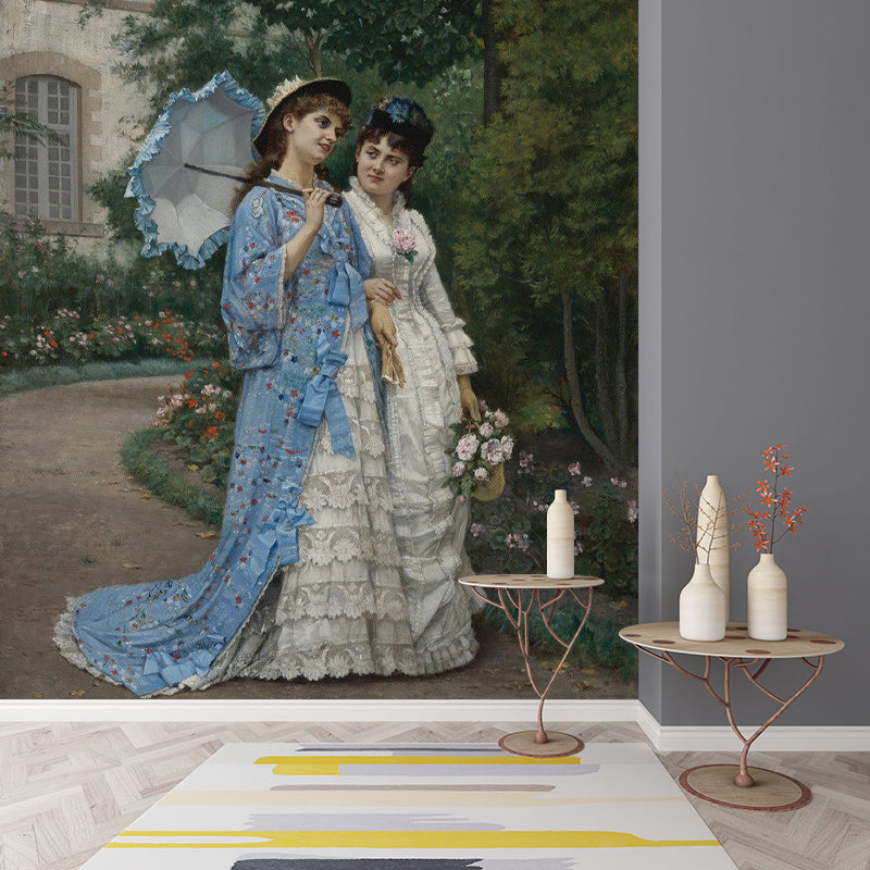 Frendorf | Blau und Weiße Dame Wandtapete Wasserbeständiger Wandkunst für Wohnzimmer Dekor