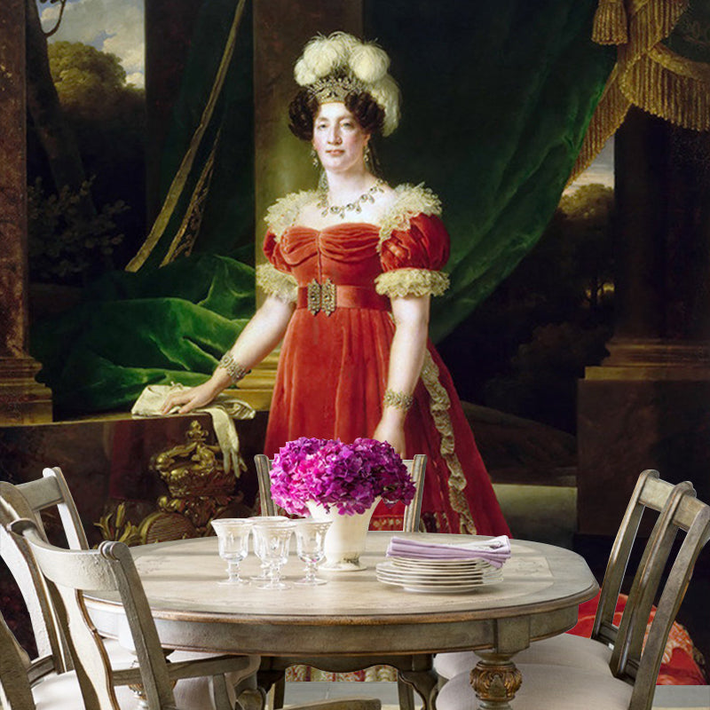 Frendorf | Benutzerdefinierte Illustration Viktorianische Wandmalerei Tapete mit Marie Therese von Frankreich Porträtmuster in Rot-Grün