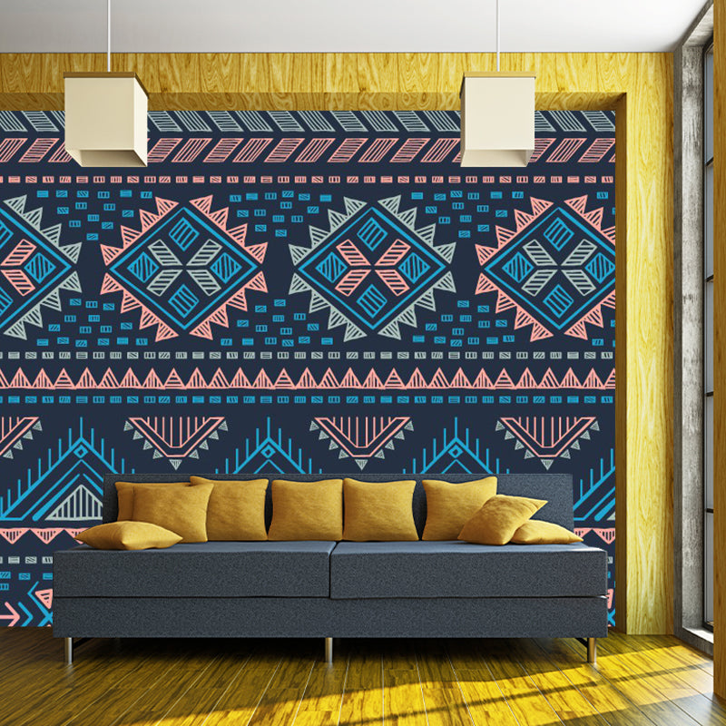 Frendorf | Boho Geometrische Tapetenmural für das Wohnzimmer Benutzerdefinierte Wanddekoration in Blau-Orange
