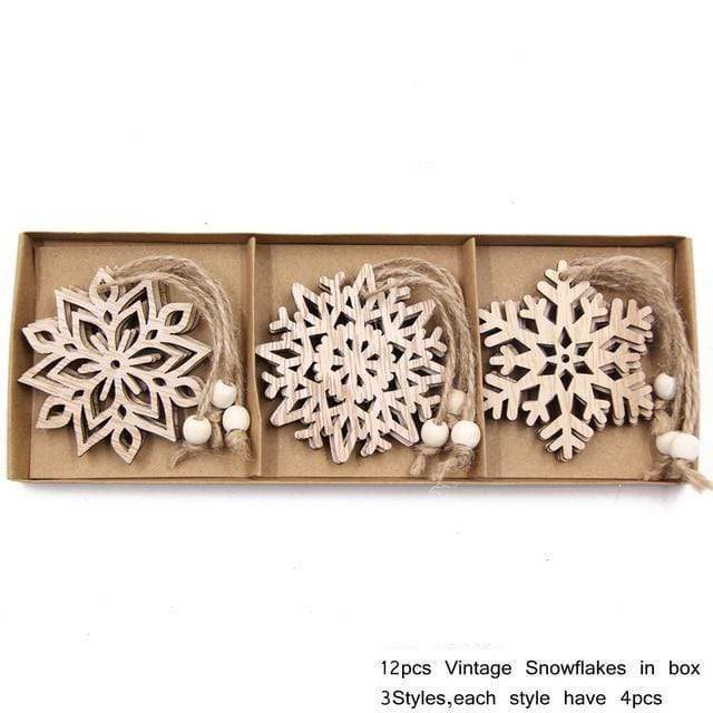 Frendorf | 12 Stück Vintage Holz Schneeflocke Weihnachtsbaum Dekor