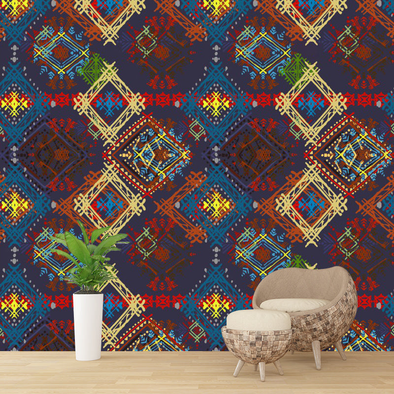 Frendorf | Boho Check Seamless Pattern Wandbild-Aufkleber für das Schlafzimmer Personalisierte Wandverkleidung in Rot-Gelb-Blau