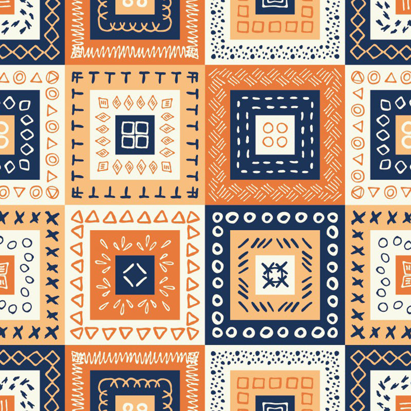 Frendorf | Bohemian Style Squares Wallpaper Mural Blau-Orange-Gelb Schlafzimmer Wandkunst, Benutzerdefinierte Größe
