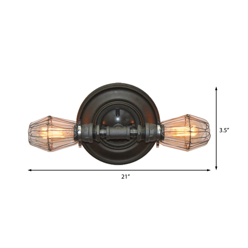 Frendorf | 2 Glühbirnen Wandmontierte Lampe mit Käfig Metallschirm Industrielle Esszimmer Wandbeleuchtung in Schwarz
