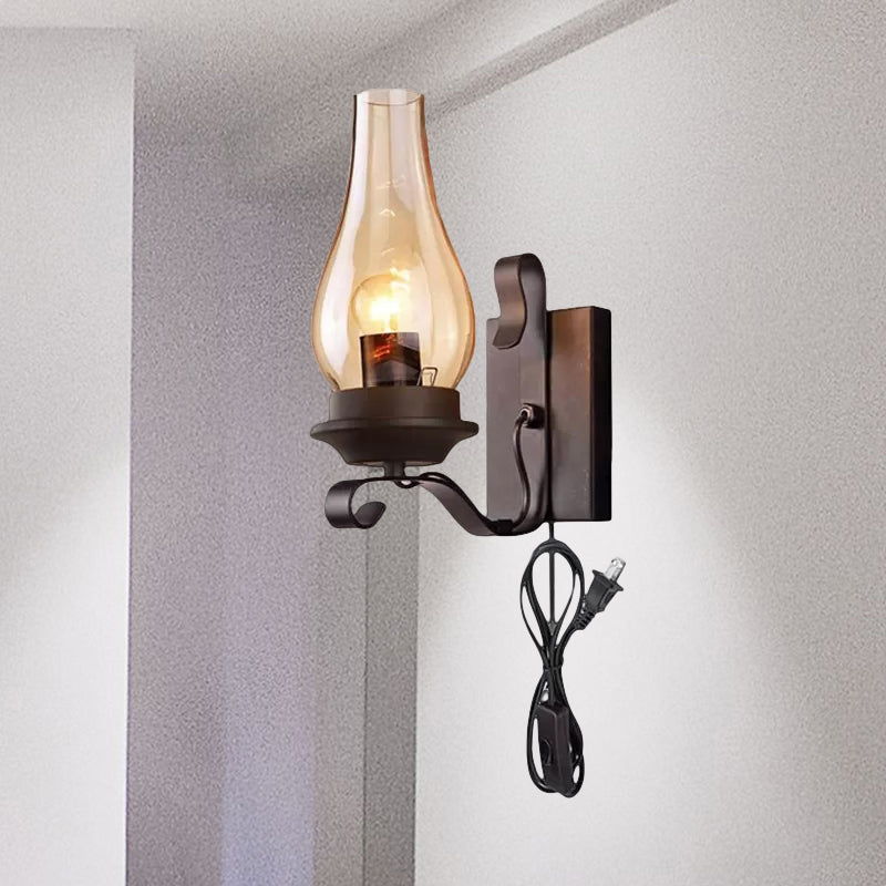 Frendorf | 1 Licht Kerzenwandlamp Vintage Industrieel Zwart Cognac Glas Verlichting in Zwart met Stekkerdraad