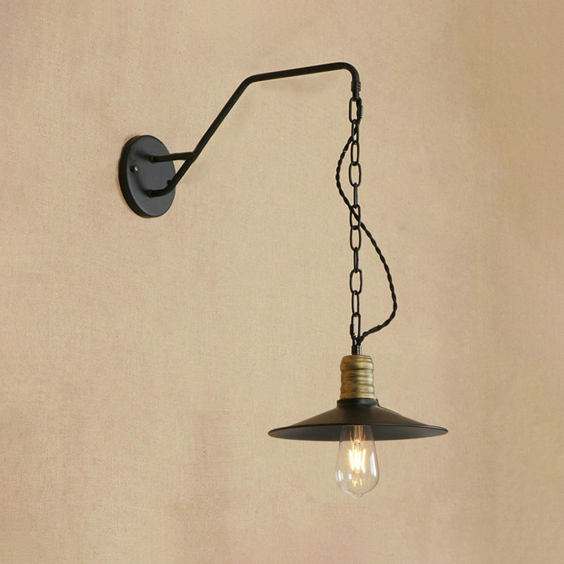 Frendorf | 1 Glühbirne Wand hängen Licht mit flachem Schirm und Kette Metall Vintage Stil Wohnzimmer Wandleuchte Beleuchtung in Schwarz, 7"/10" B