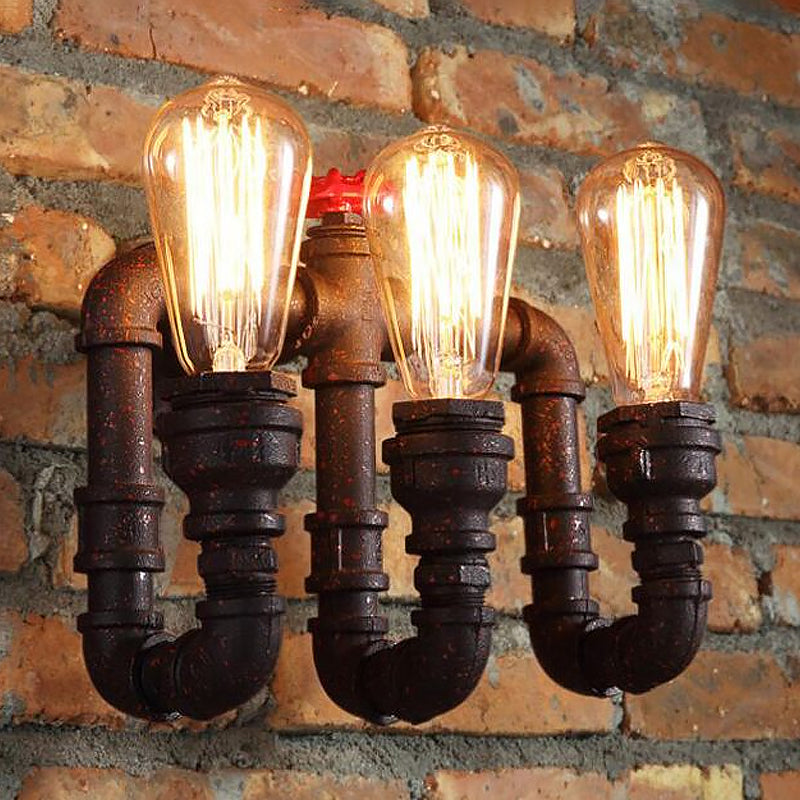 Frendorf | 3 Lichter Eisen Wandleuchte Vintage Stil Rost Wasserrohr Treppenwand Sconce Licht mit freiliegender Glühbirne