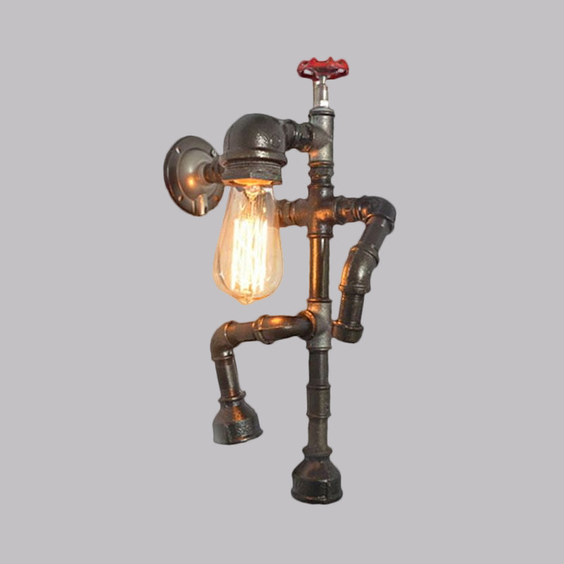 Frendorf | Bronze Finish Robot Sconce Light mit Expose Bulb und Red Valve Vintage Metallic 1 Head Flur Wandbeleuchtung