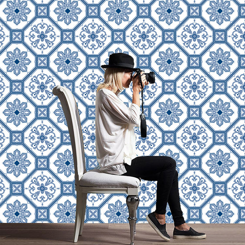 Frendorf | Blaue Blumen Tapetenpaneele Selbstklebend Badezimmer Bohemian Wandverkleidung (20 Stück)