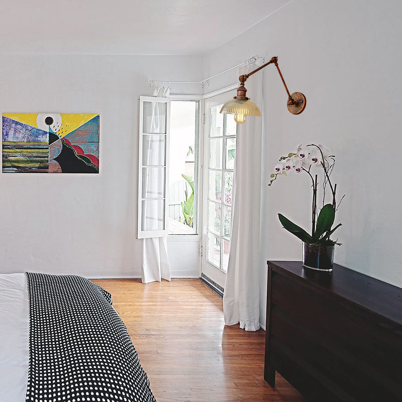 Frendorf | 1 Licht Geribbeld Glazen Wandlamp Licht Industrieel Antiek Messing/Zwart/Roest Koepel Woonkamer Verlichtingsarmatuur met Swingarm