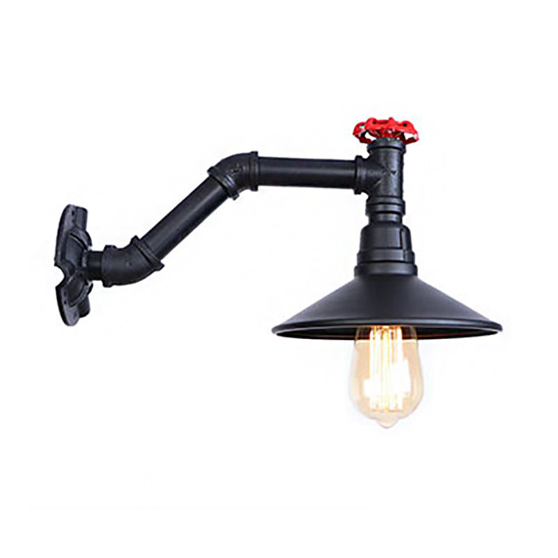 Frendorf | 1 Kopfrohr Wandlampe mit Kegelshade und Ventil Vintage Industrie Schwarz Metall Wandlampe Wandleuchte