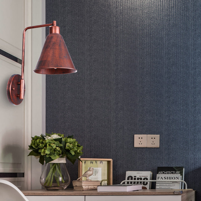 Frendorf | 1 Glühbirne Konische Wandlampe Vintage Stil Schwarz/Rost Eisen Wandmontierte Lampe mit Winkelarm für Bauernhaus