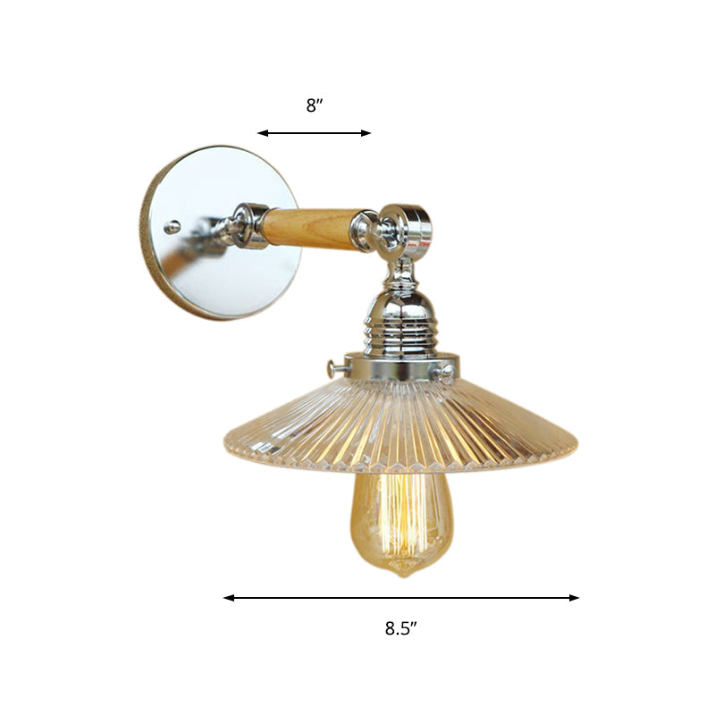 Frendorf | 1 Lichtklar ribbelig Glas Wand Sconce Licht Industriell Chrom Cone Wohnzimmer Beleuchtung Fixture, 8"/4"/6" Breite Holzarm