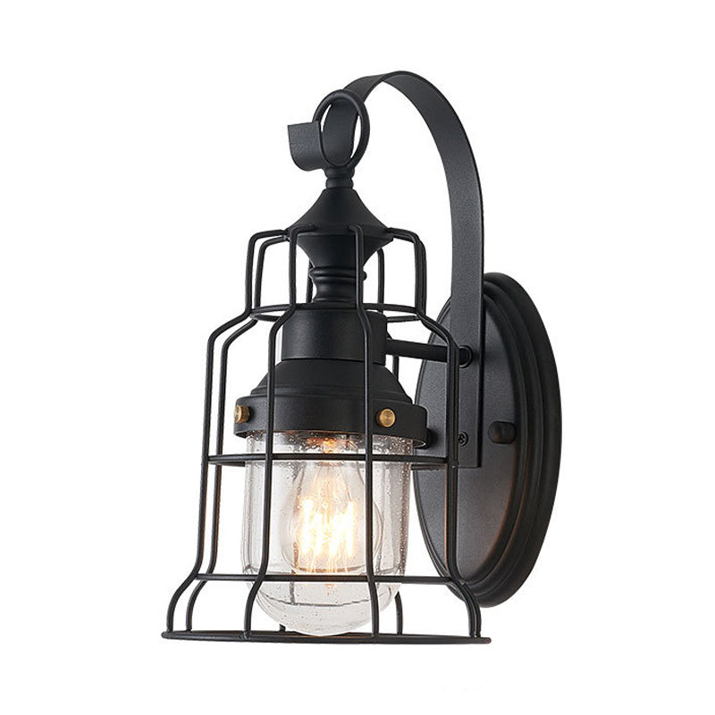Frendorf | 1 Licht Glocken Shade Wandlamp Industriell Schwarz Glas Wandlampe für Flur mit Metallkäfig Rahmen