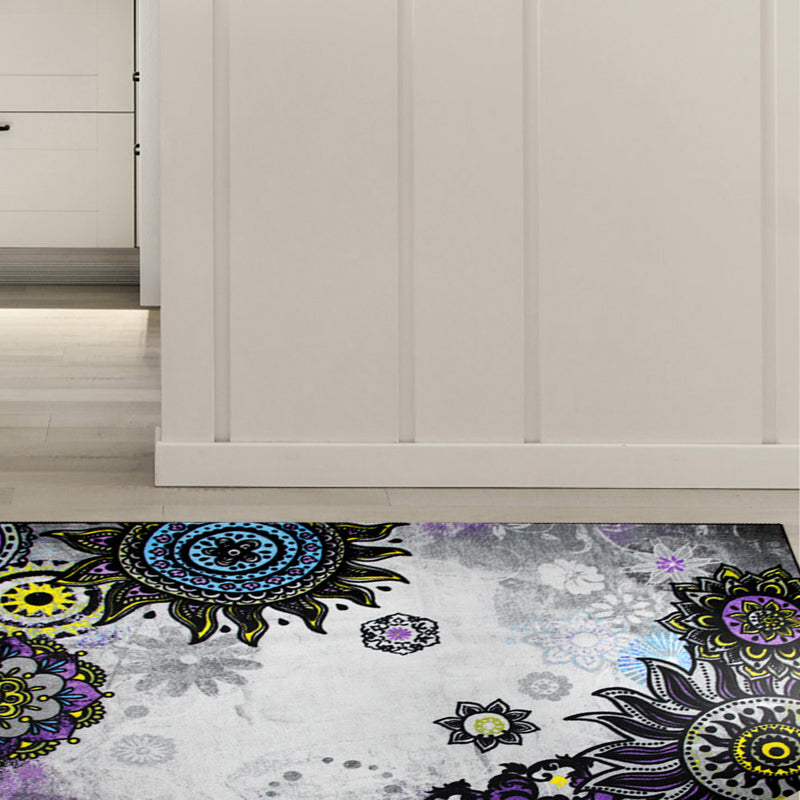 Frendorf | Boho-Chic Blumen Kreis Punkte Teppich in Weiß Bohemian Teppich Polyester rutschfester Untergrund Teppich für Schlafzimmer