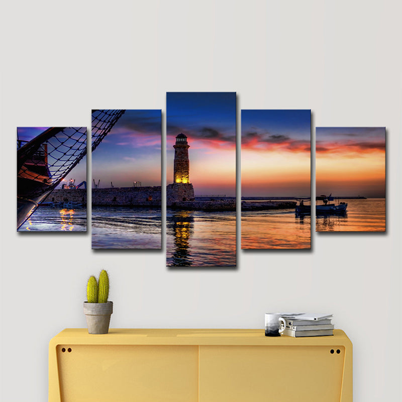 Frendorf | Blaue Tropen Leinwand Wandkunst Rückkehr der Fischer bei Dämmerung Wanddekor für Schlafzimmer