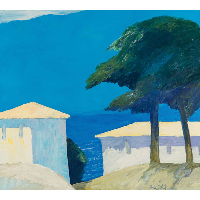 Frendorf | Blauwe Berg en Bomen Muur Decal Natuur Hedendaagse Kunst Vlekbestendige Wandbekleding