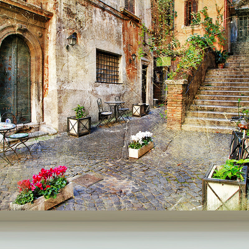 Frendorf | Beige Blumen und Häuser Wandgemälde Feuchtigkeitsbeständige Zeitgenössische Badezimmerwandverkleidung