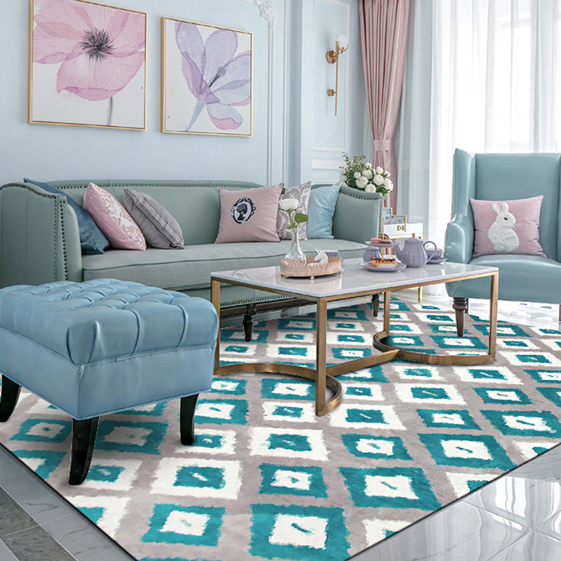 Frendorf | Blau und Graue Schlafzimmerteppich Neuheit Geometrisches Diamantmuster Bereichsteppich Polyester Haustierfreundlicher Teppich