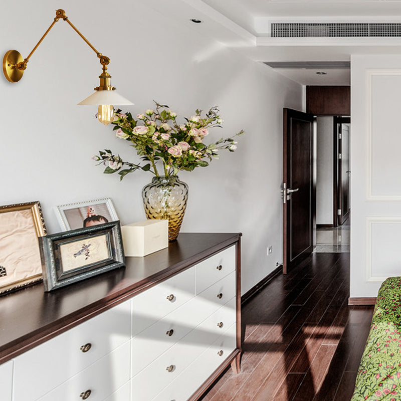 Frendorf | 1 Licht Schotel Schaduw Wandlamp Fixture Industriële Messing/Bronze Frosted Glas Wandlamp met Swing Arm