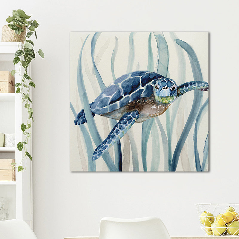 Frendorf | Blaues Schildkröte und Seegras Gemälde Texturiertes Tropisches Kinderzimmer Leinwand Wandkunst