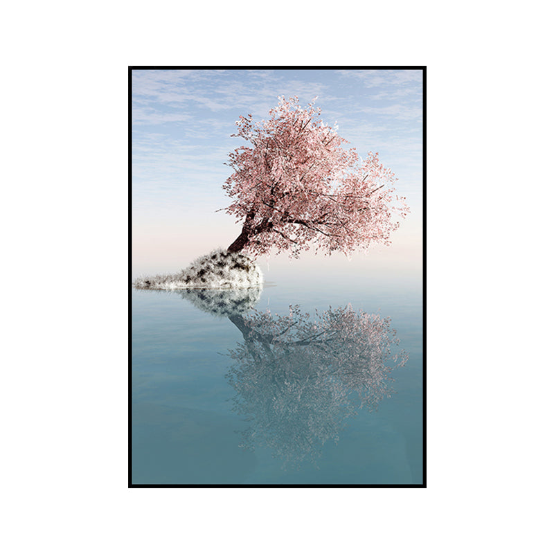 Frendorf | Blossom Tree am See Kunstdruck Zeitgenössische Leinwand Wanddekoration in Pink für das Schlafzimmer