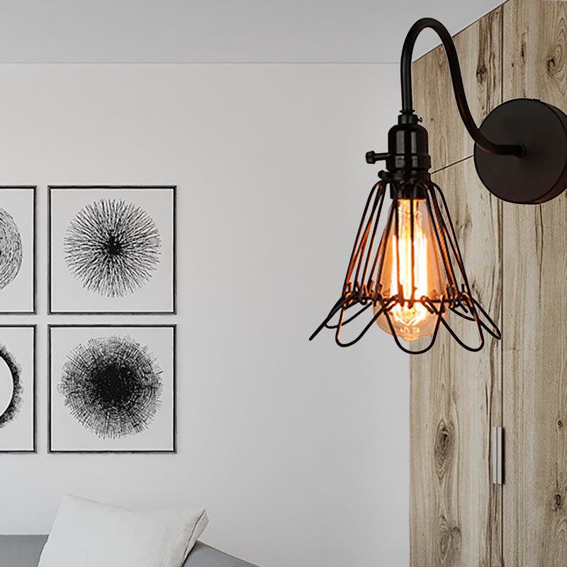 Frendorf | 1 Kopf Metall Wandlampe Antik Stilvoll Schwarz Drahtgestell Restaurant Wand Sconce Licht mit Blütenblattdesign