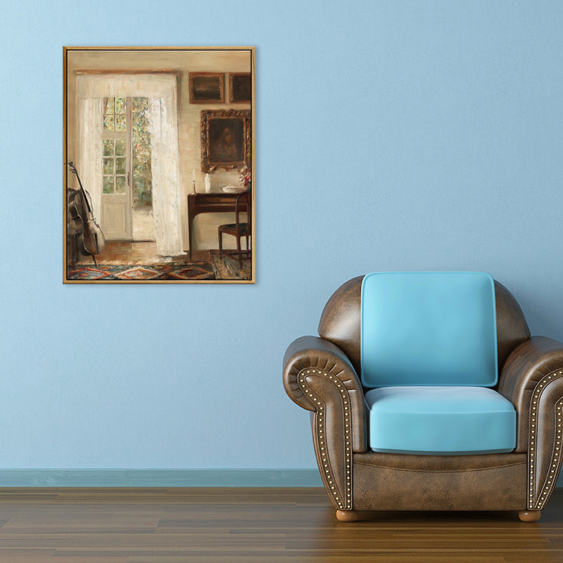 Frendorf | Braune Fensterlandschaft Kunstdruck Rustikaler Texturierter Eingewickelter Canvas für Esszimmer (Mehrere Größenoptionen)