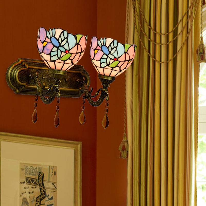 Frendorf | 2 Lichter Schalen Wand Scone Beleuchtung Tiffany Buntglas Wandbeleuchtung mit Kristall in Rosa/Braun/Orange