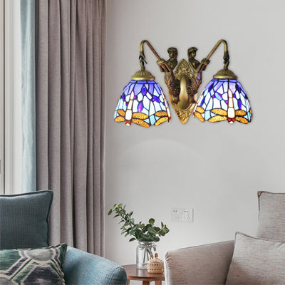 Frendorf | Blauwe Glazen Libelle Wandlamp Tiffany 2 Koppen Messing Wandlamp met/zonder Trekketting