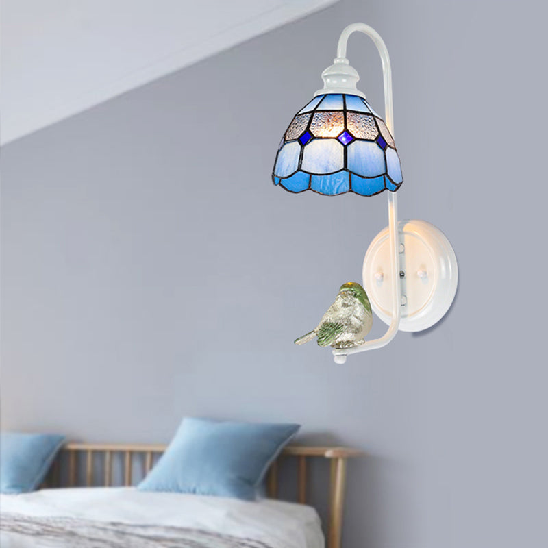 Frendorf | 1 Kopf Schlafzimmer Wandlicht Mediterran Blau-Weiß/Beige/Blaue-Klar Wandleuchte mit Kegel/Dome Buntglasschirm