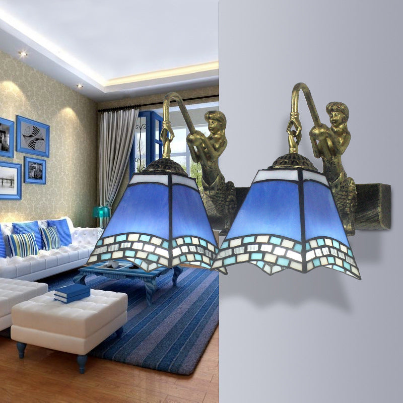 Frendorf | 2 Köpfe Pyramiden Wandleuchte Mediterran Blau Glas Wandlampe für Schlafzimmer