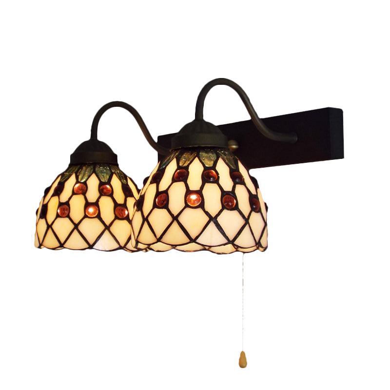 Frendorf | Beige Glas Zwarte Wandmontage Licht Koepel 2 Hoofden Tiffany Wandlamp Verlichting met Trekschakelaar