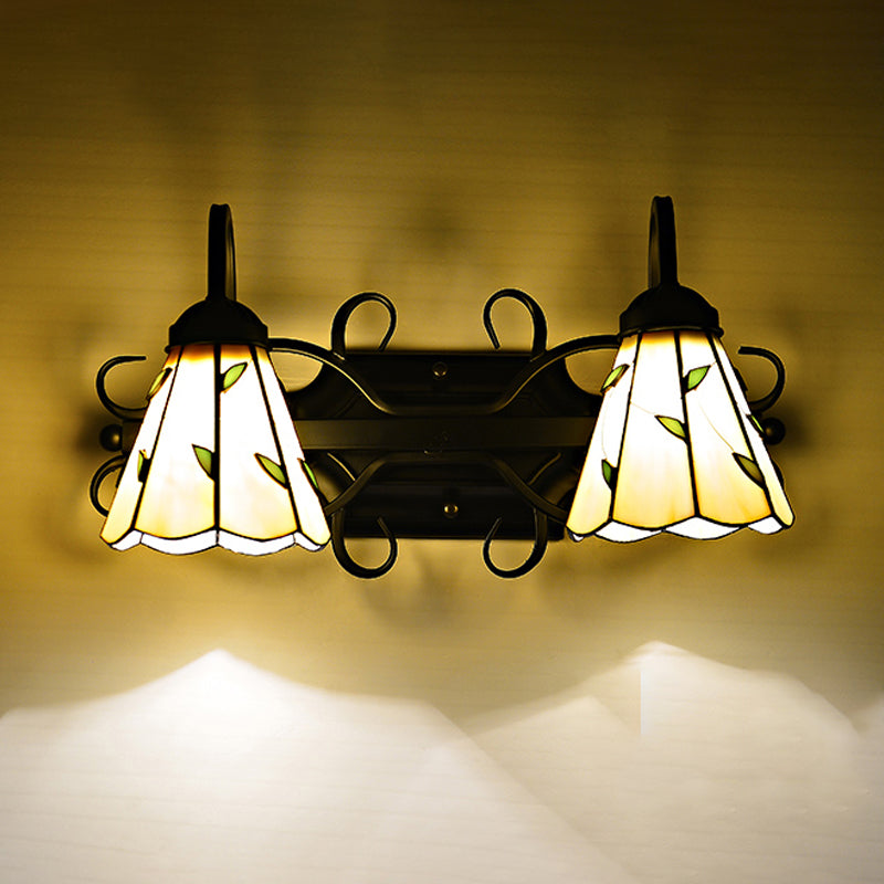 Frendorf | 2 Lichten Kegel Wandlamp Gevlochten Glazen Lodge Stijl Badkamer Vanity Licht in Beige