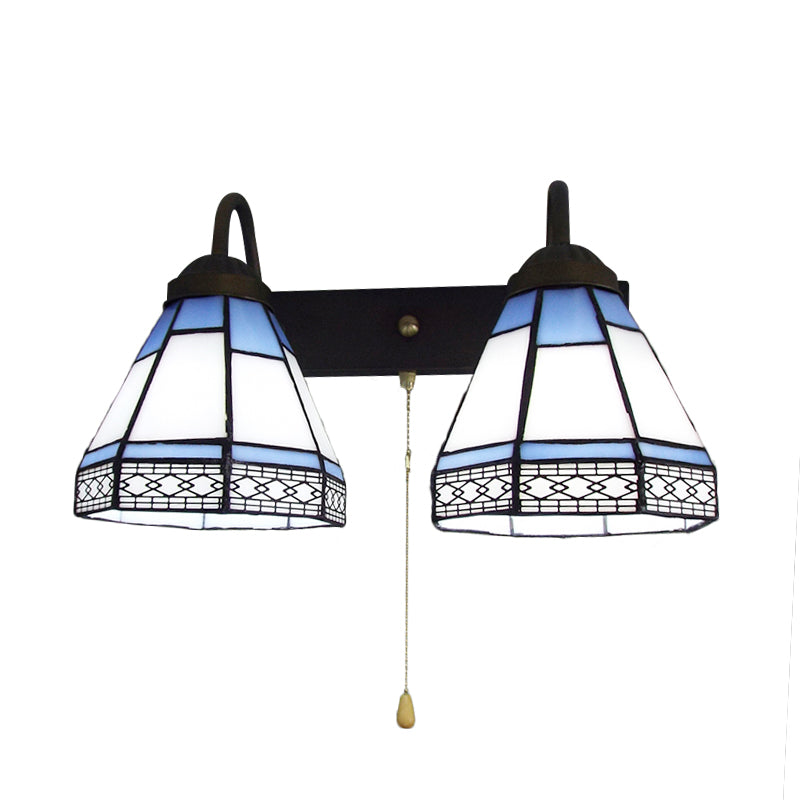 Frendorf | 2 Köpfe Wandmontierte Leuchte Tiffany Kegelförmige Weiße Glas Wandleuchte mit Zugkette