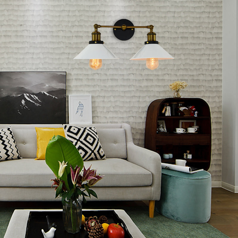 Frendorf | 2 Köpfe Wandlicht Industrie Stilvolle konische Schirm Metall Wand Sconces Beleuchtung in Schwarz/Weiß für Wohnzimmer