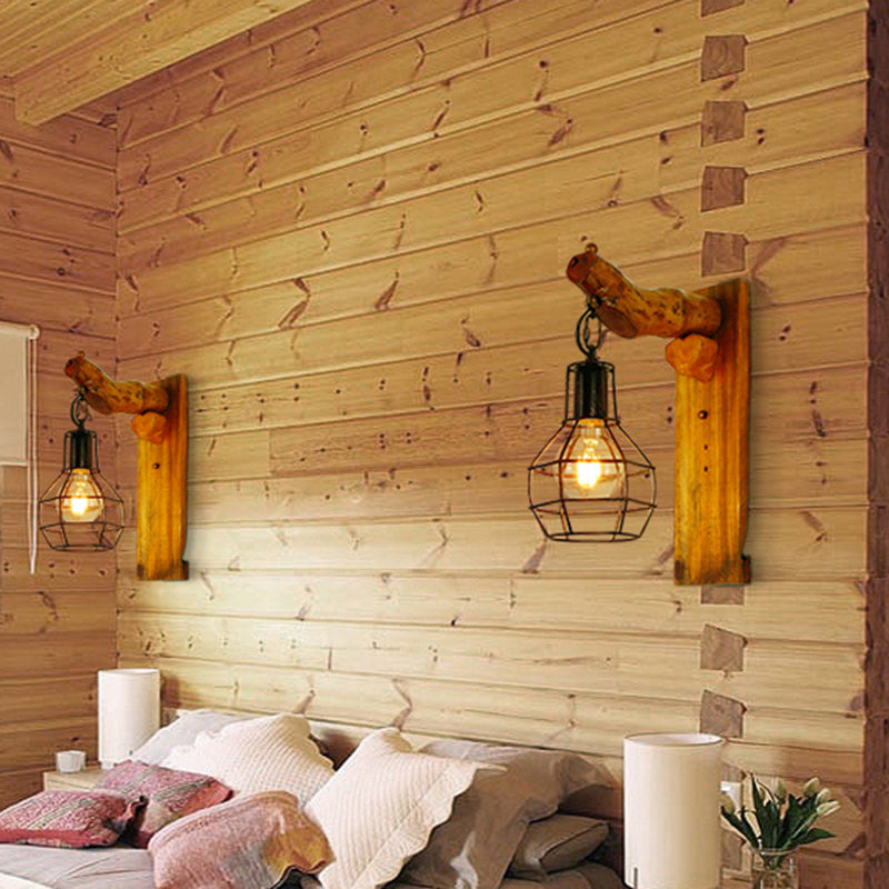 Frendorf | Ball Cage Schlafzimmer Wandleuchte Vintage Stilvolles Metall 1 Glühbirne Schwarze Wandlampe mit Holz-Rückplatte