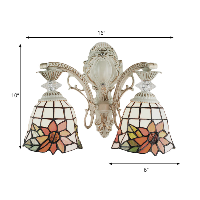 Frendorf | Bell Wohnzimmer Wandlampe mit Sonnenblumen-Glas 2 Glühbirnen traditionelle Tiffany-Wandleuchte mit Bogen/Gekrümmtem Arm in Weiß
