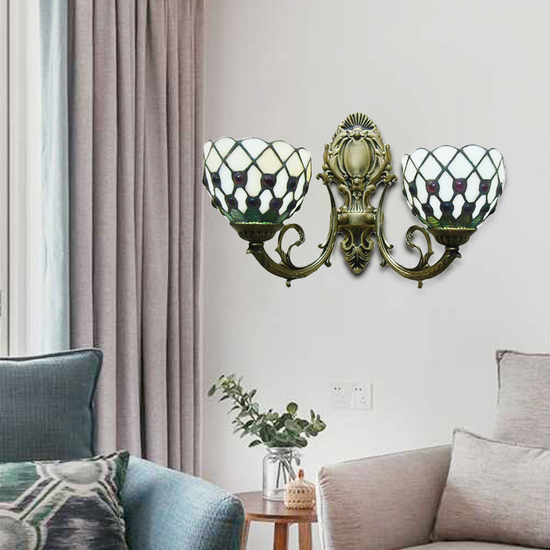 Frendorf | 2-Lampe Gitter Schale Wandlampe Tiffany traditionelle Wandlampe in Blau/Beige für das Badezimmer