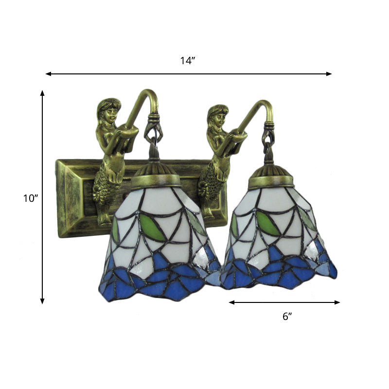 Frendorf | 2 Köpfe Flur Wandleuchte Mediterran Antik Bronze Wandmontage Lampe mit flared Blau und Weiß Glas Schirm