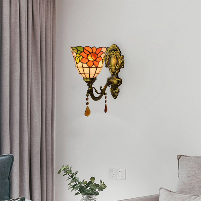 Frendorf | Bowl Wandlamp Tiffany Glas in Lood 1 Lamp Bloemige Wandlampen met Kristal in Oranje