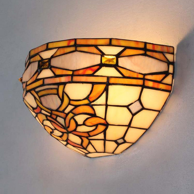 Frendorf | Barocke Schalen-Wandlampe Buntglas 1 Kopf Wandmontage Licht in Lila und Gelb für Treppenhaus