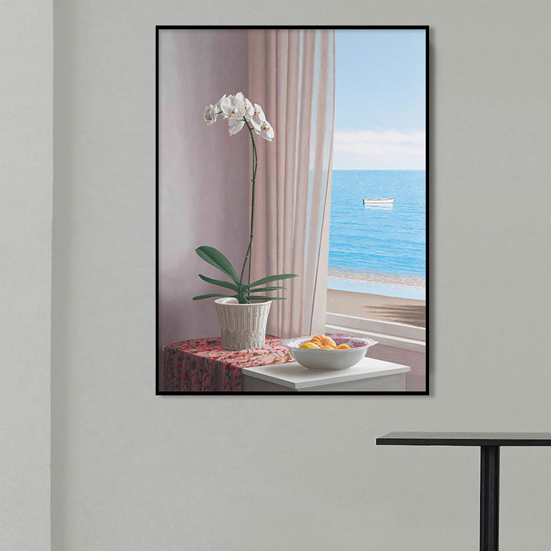 Frendorf | Blaues Topf Wanddecor Blume Skandinavisches Texturiertes Leinwandbild für das Wohnzimmer