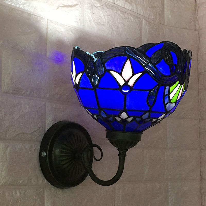 Frendorf | Barokke Kom Wandlamp 1 Hoofd Geel/blauw Glas Muur Mounted Licht met Bloem Patroon