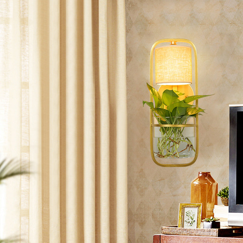 Frendorf | 1 Glühbirne Zylindrische Wandleuchte Lodge Schwarz/Weiß/Gold Stoff Wandlampe mit Warm/Weiß Licht und PflanzenTopf