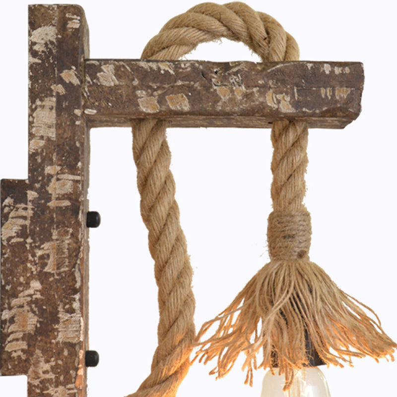 Frendorf | 1 Licht Bare Bulb Wandlamp Fixture Warehouse Beige Jute Touw Wandgemonteerde Lamp met Houten Achterplaat