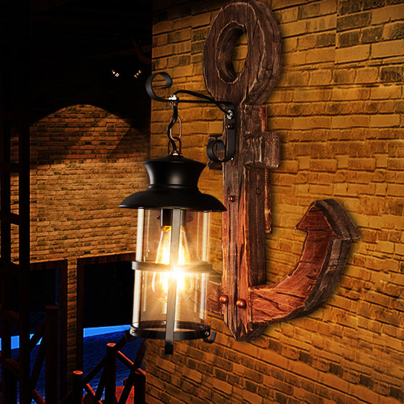 Frendorf | Bronze Ein Licht Wandleuchte Licht Industriell Klarglas Zylinder Wandbeleuchtungseinrichtung mit Käfig und Holzanker Rückplatte