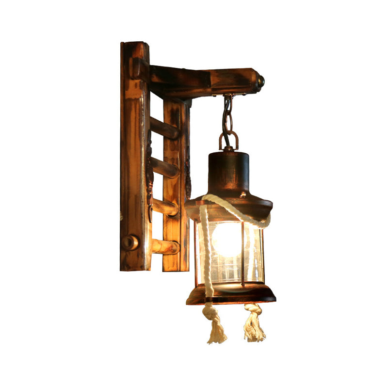 Frendorf | 1 Licht Kerosine Wandlamp Vintage Brons Duidelijk Glas Wandarmatuur voor Binnen met Bamboe Achterplaat