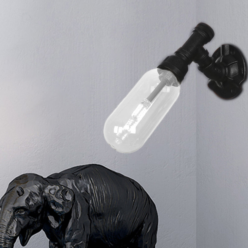 Frendorf | 1 Licht Wandlamp Verlichting Industriële Capsule Duidelijk Glas Wandlamp Armatuur in Zwart met Pijpd ontwerp